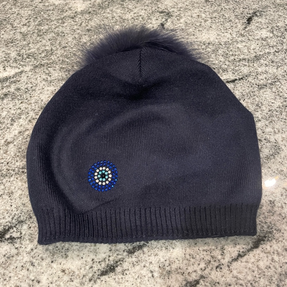 New Custom Designed Navy Pom Pom Beanie with Sequined Evil Eye.
